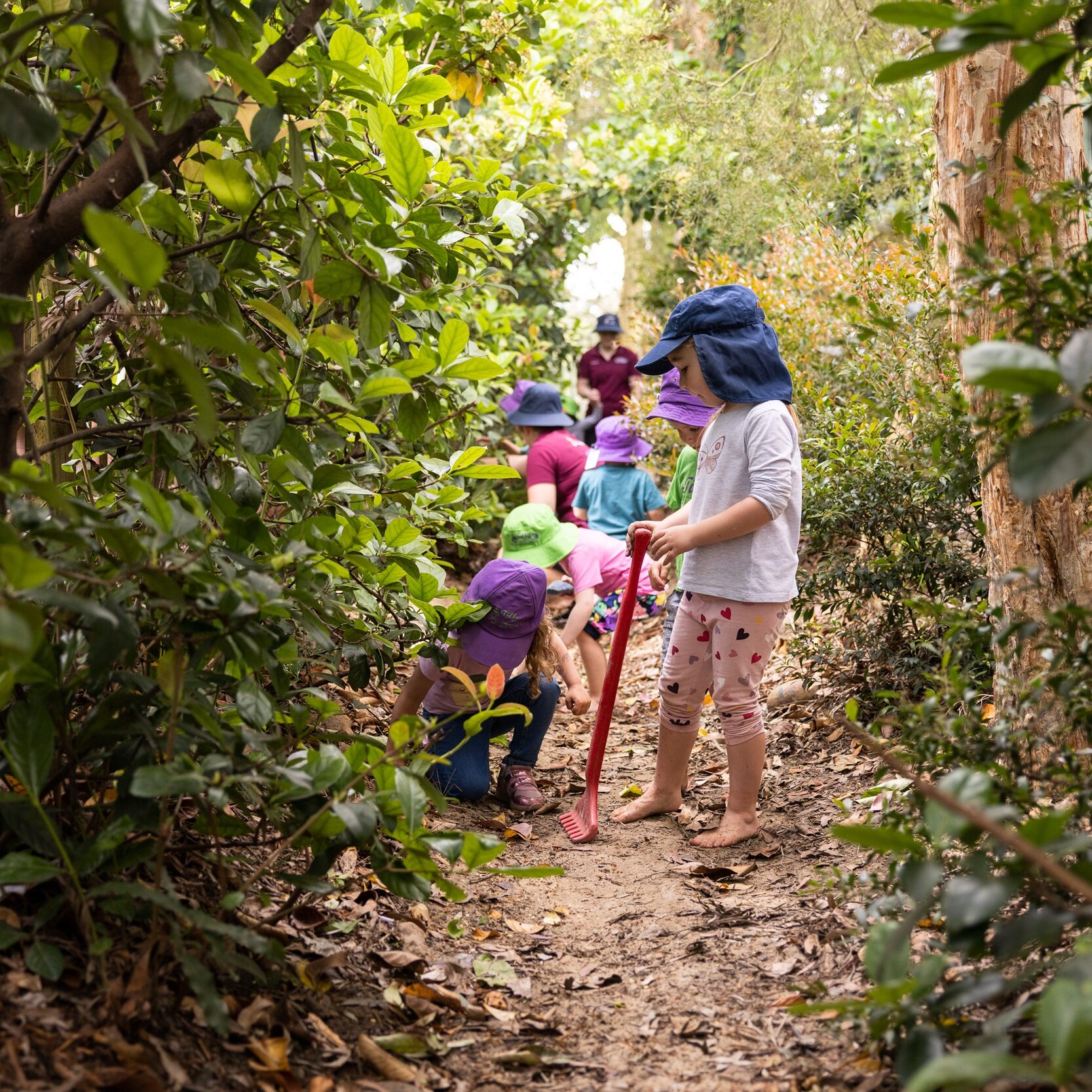 Children play on a narrow forest path surrounded by lush greenery. They are exploring, and some hold sticks, conveying a sense of adventure and curiosity.