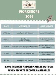 Tillys Waratah 2 Event schedule titled "Workshops 2026" by Insightful Learning and Education. Lists dates, workshop topics, and host services. Encourages saving the date.