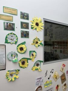 Sunflower-themed art collage on a white wall with 3D paper sunflowers and photos. Bright, cheerful tones with a classroom window on the right.