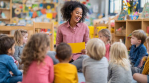 Tillys A smiling preschool teacher sits on the floor with a small group of children. The background is colourful set within a classroom.
