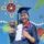 Graduate in blue cap and gown holds flowers, a certificate, and chocolate, smiling against a colorful mural of sea creatures. Celebratory and joyful tone.